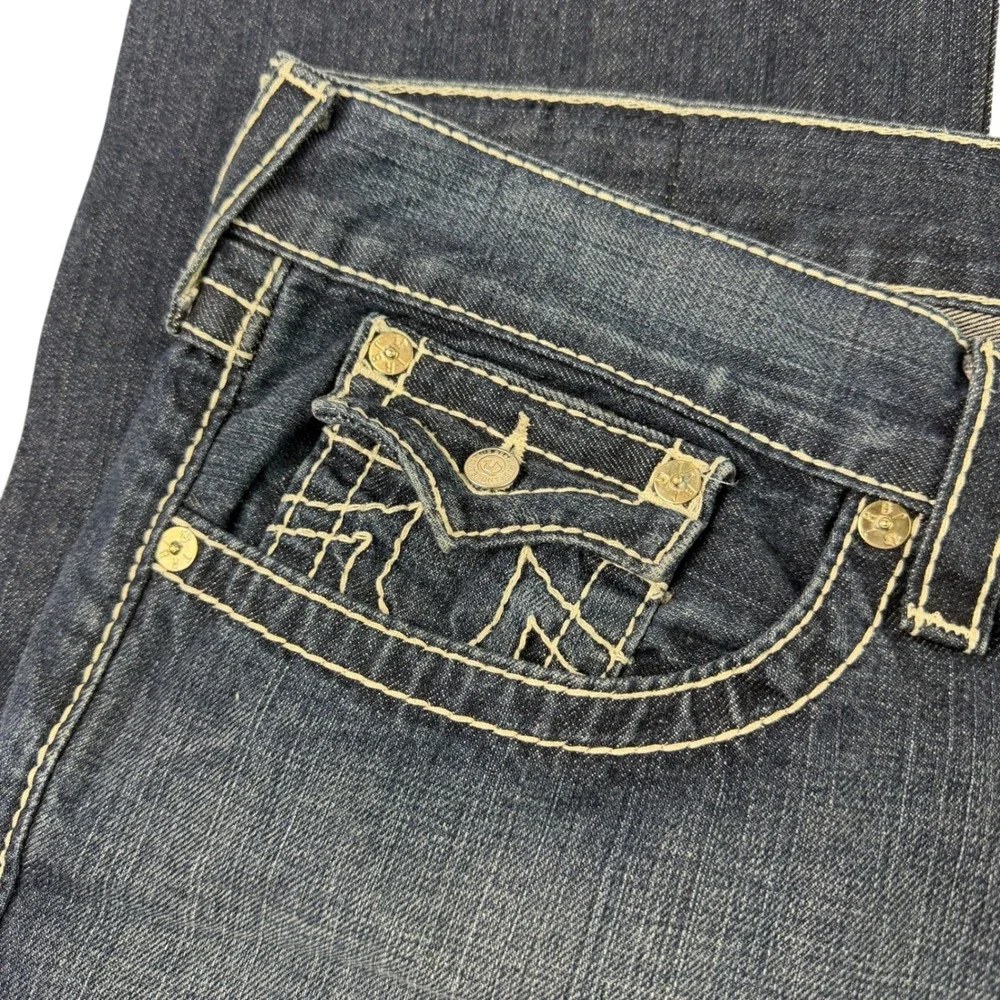 True Religion Section Straight Dark Wash Jeans White Contrast Stitch Mens 42 USA